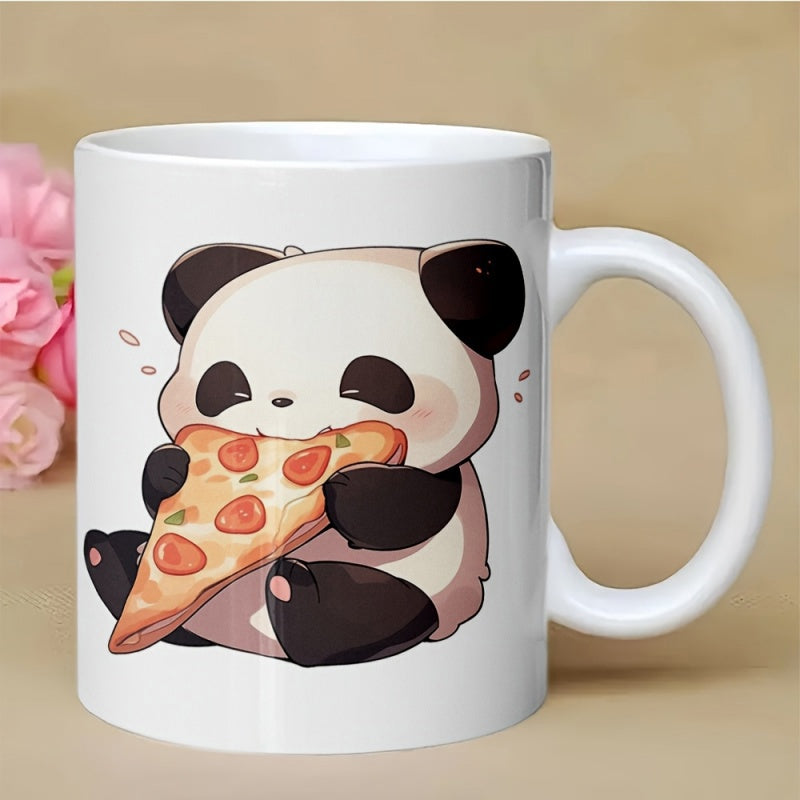 Tailorly White Ceramic 11 oz Mug - Adorable Chubby Cartoon Animal Sitting And Eating A Delicious Pepperoni Slice Panda