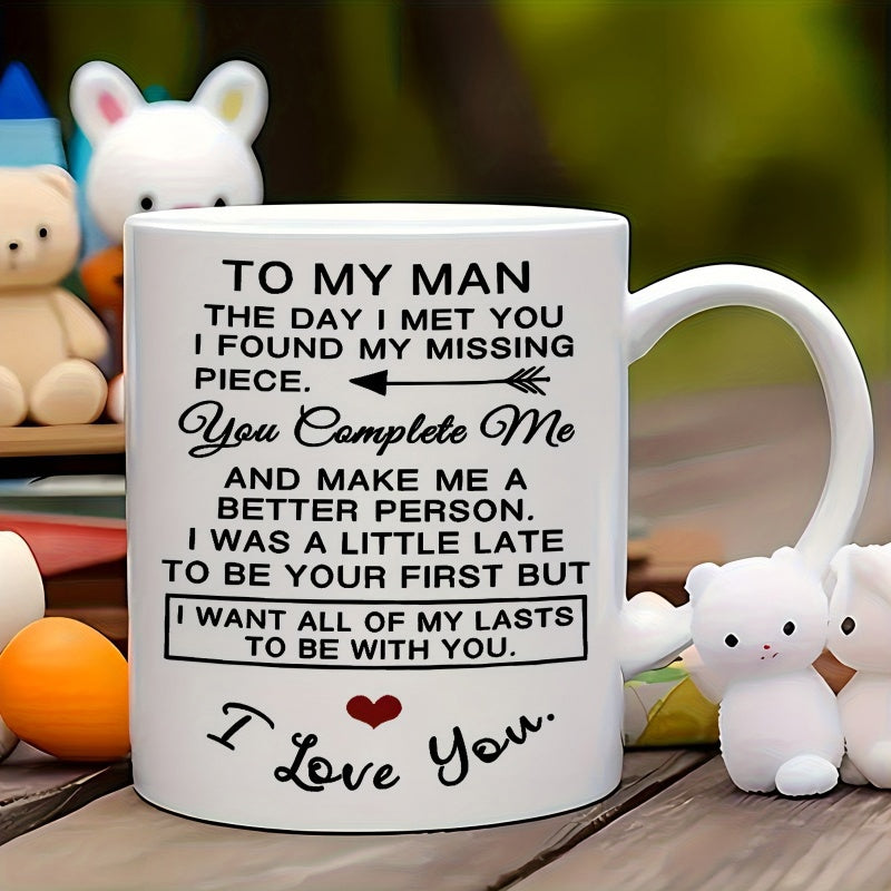 Tailorly White Ceramic 11 oz Mug - To My Man You Complete Me I Love You Minimalist Ceramic Vessel With Small Heart And Arrow Graphics Mug