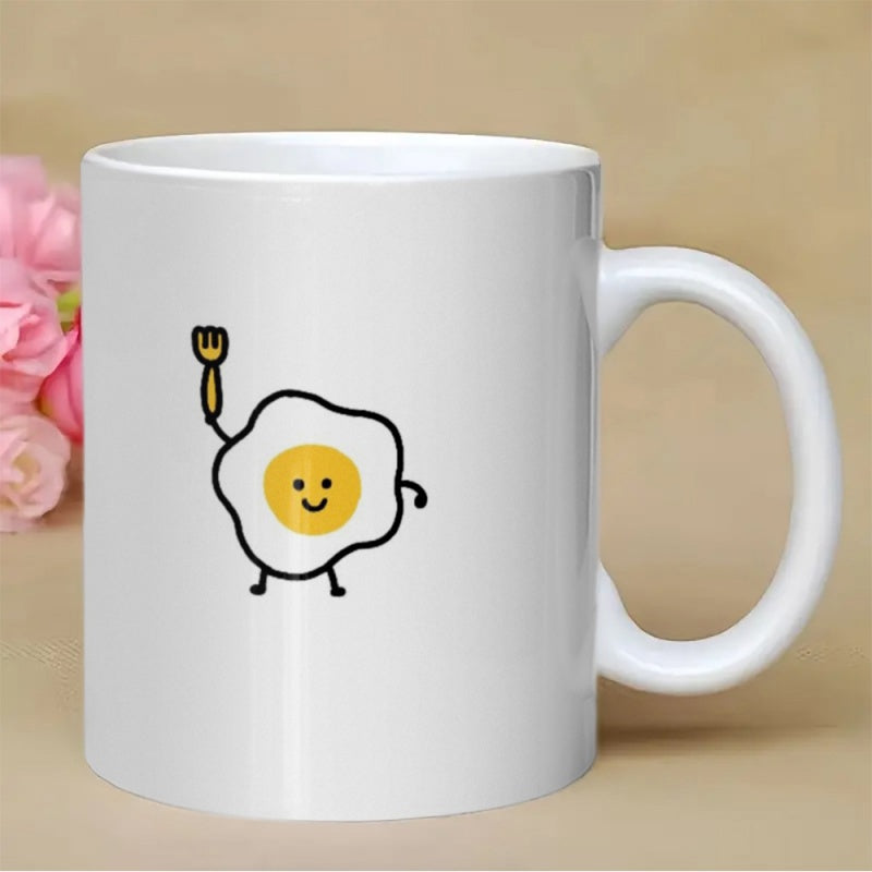 Tailorly White Ceramic 11 oz Mug - Smiling Cartoon Fried Egg Character Holding A Little Yellow Fork Egg