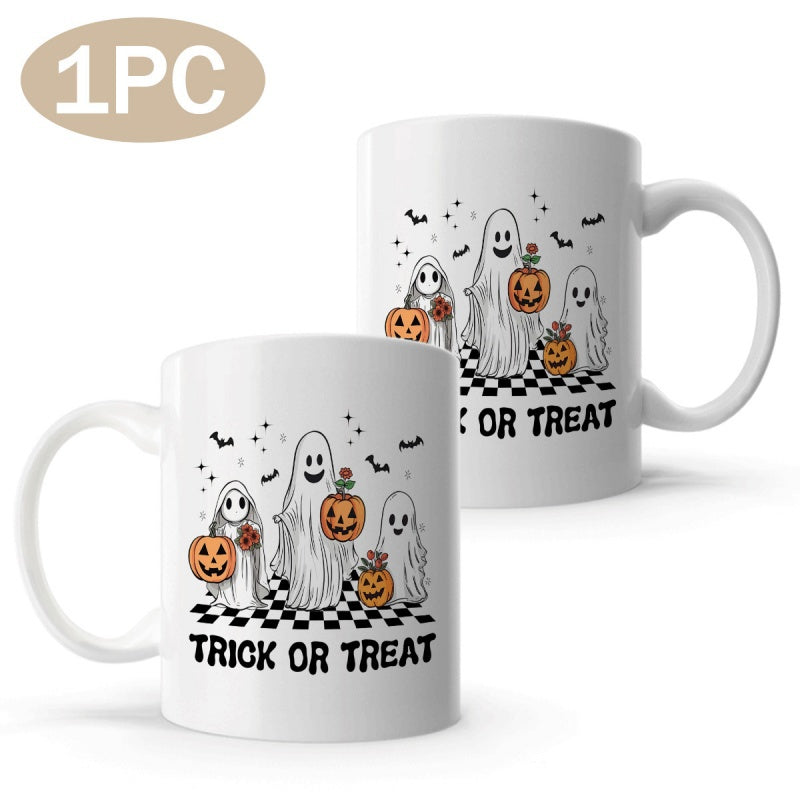 Tailorly Black Accent 11 oz Mug - spooky halloween， trick or treat ghosts， double sided bats， checkered design， cute gothic lettering