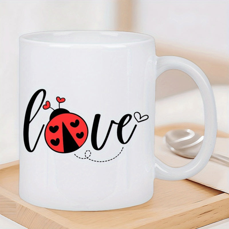 Tailorly White Ceramic 11 oz Mug - Love Red Ladybug With Small Heart Spots And Delicate Antenna Ladybug