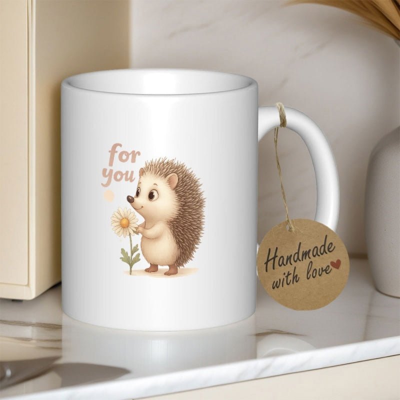 Tailorly White Ceramic 11 oz Mug - For You Cute Cartoon Animal Holding A Small Daisy In Its Paws Hedgehog