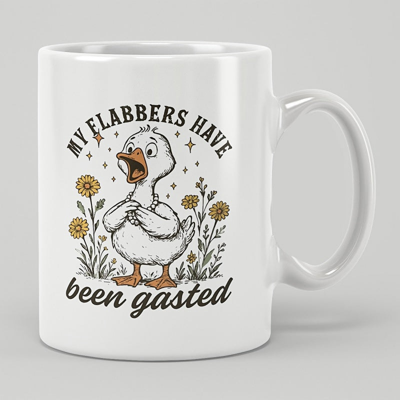 Tailorly White Ceramic 11 oz Mug - My Flabbers Have Been Gasted Surprised White Bird Standing Among Sunflowers And Twinkling Stars Duck