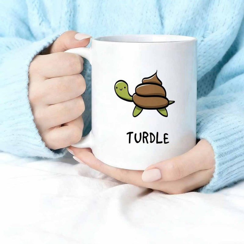 Tailorly White Ceramic 11 oz Mug - Turdle Cute Smiling Cartoon Green Creature Carrying A Swirled Brown Shell Turtle