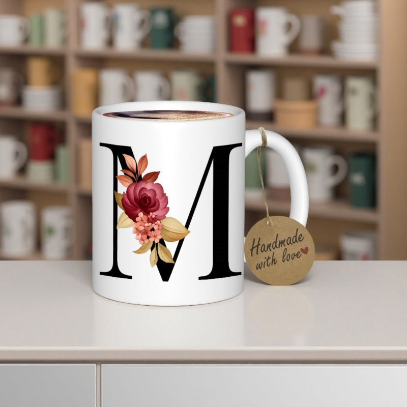Tailorly White Ceramic 11 oz Mug - M Handmade With Love Elegant Black Serif Letter Decorated With Vibrant Red Autumn Floral Monogram