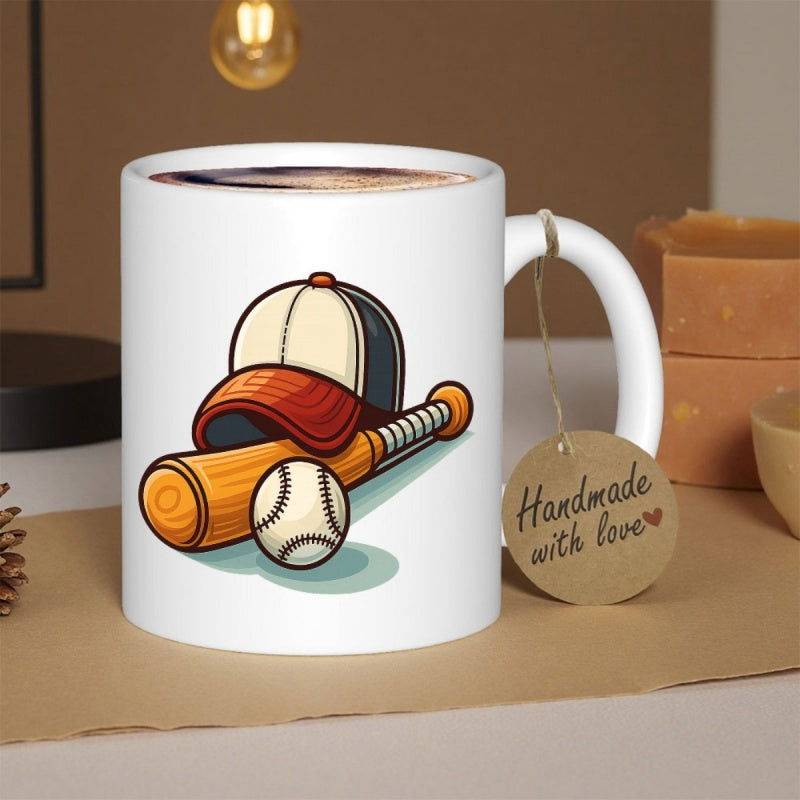 Tailorly White Ceramic 11 oz Mug - Vintage Style Sporting Goods With Bat Ball And Cap Arrangement Baseball