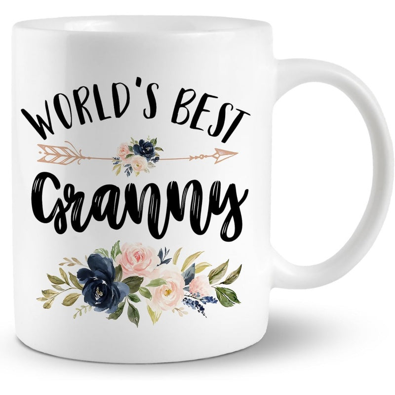 Tailorly White Ceramic 11 oz Mug - World's Best Granny Elegant Arrow Decorated With Soft Pink And Navy Roses Among Leaves Flower