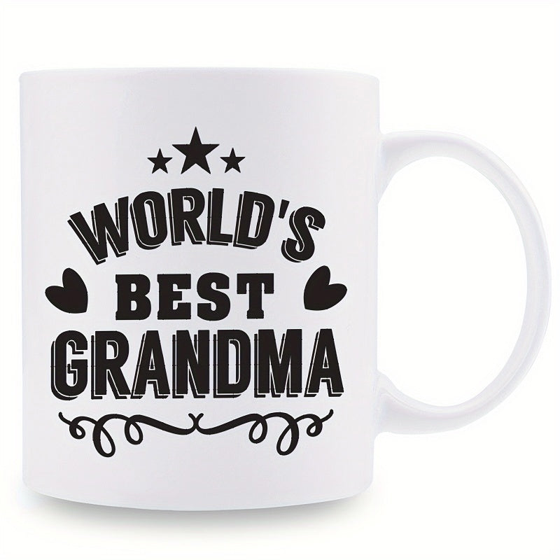 Tailorly White Ceramic 11 oz Mug - Worlds Best Grandma Classic Bold Lettering With Elegant Flourishes Stars And Hearts Sign