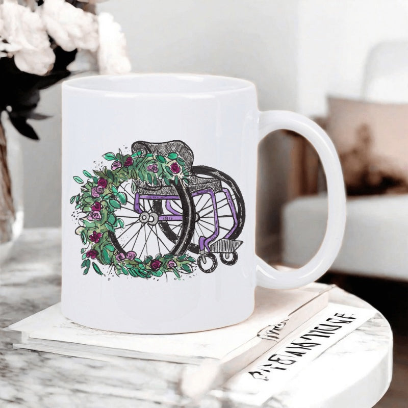 Tailorly White Ceramic 11 oz Mug - Floral Arrangement Wrapped Around A Manual Purple Frame Classic Lightweight Wheelchair