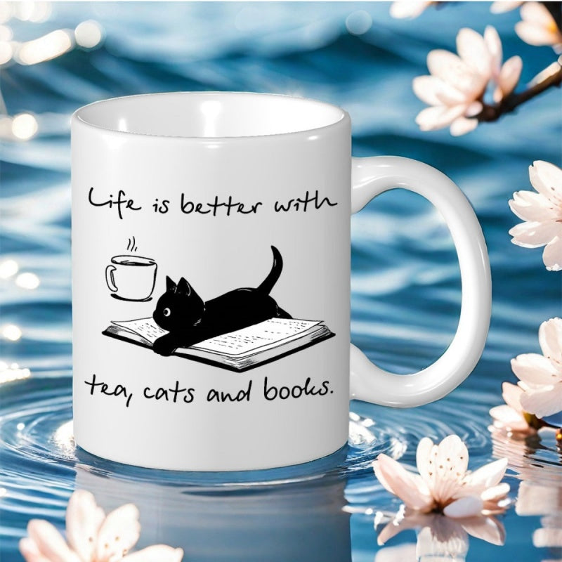 Tailorly White Ceramic 11 oz Mug - Life Is Better With Tea Cats And Books Minimalist Black Cat Resting Comfortably On An Open Book Beside Steaming Tea Cat