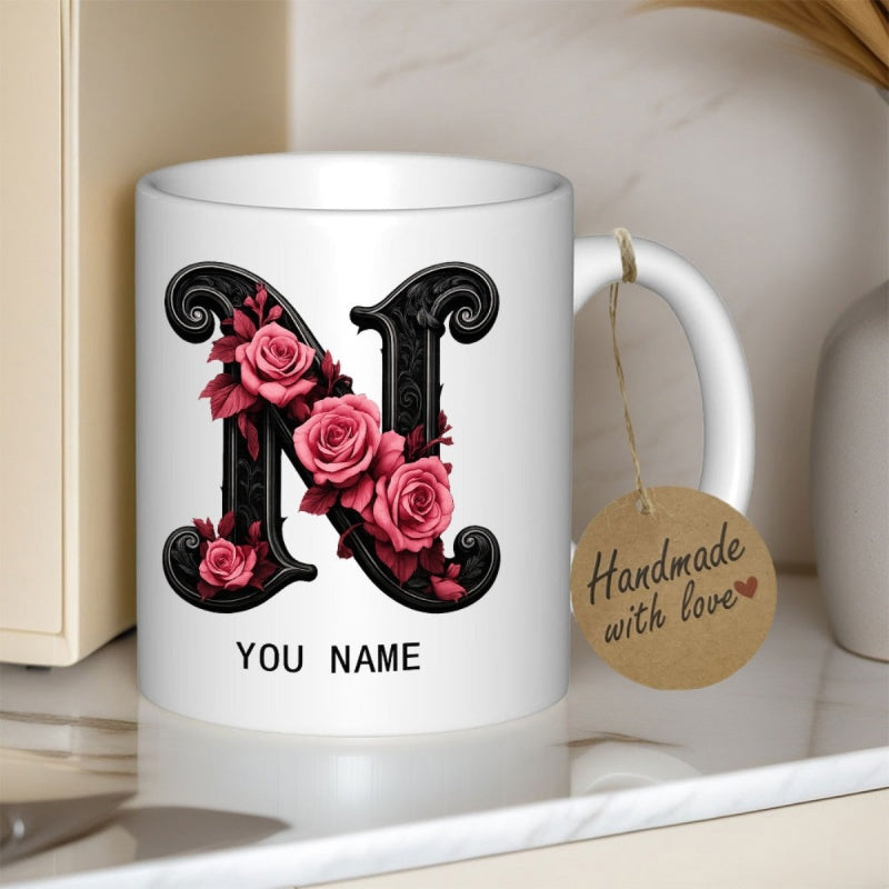 Tailorly White Ceramic 11 oz Mug - You Name Ornate Black Capital N Decorated With Blooming Pink Roses Letter