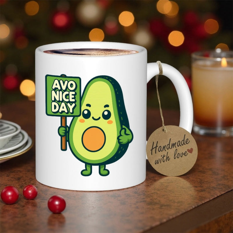 Tailorly White Ceramic 11 oz Mug - Avo Nice Day Cute Smiling Cartoon Fruit Character Holding A Signboard Standing Alone Avocado