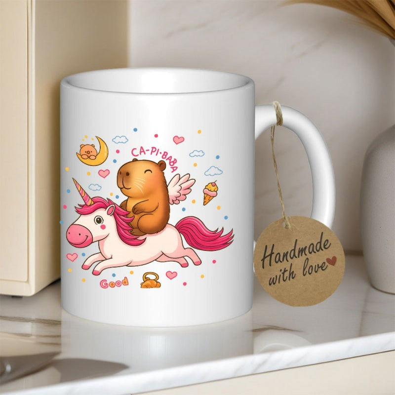 Tailorly White Ceramic 11 oz Mug - Ca Pi Bara Good Adorable Winged Capybara Riding A Pink Mane Flying Magical Mythical Unicorn