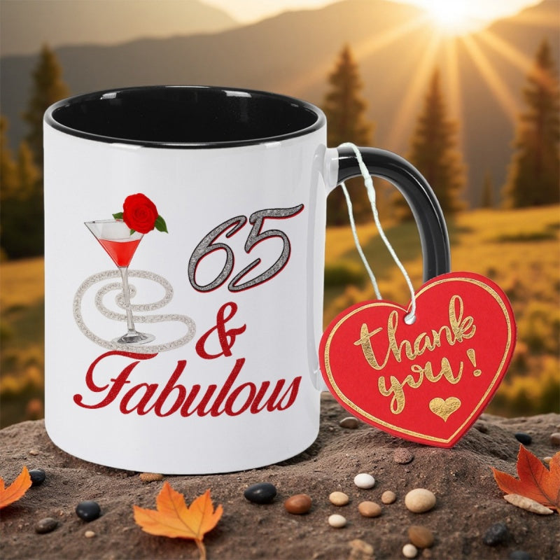 Tailorly Black Accent 11 oz Mug - rose cocktail design with "your 65th birthday in style" text