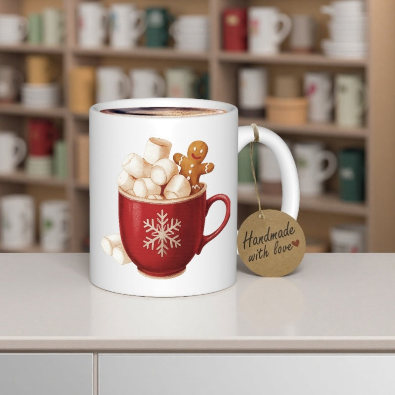 Tailorly White Ceramic 11 oz Mug - Handmade With Love Festive Red Cocoa Cup With Snowflake And Sweet Marshmallow Gingerbread Mug