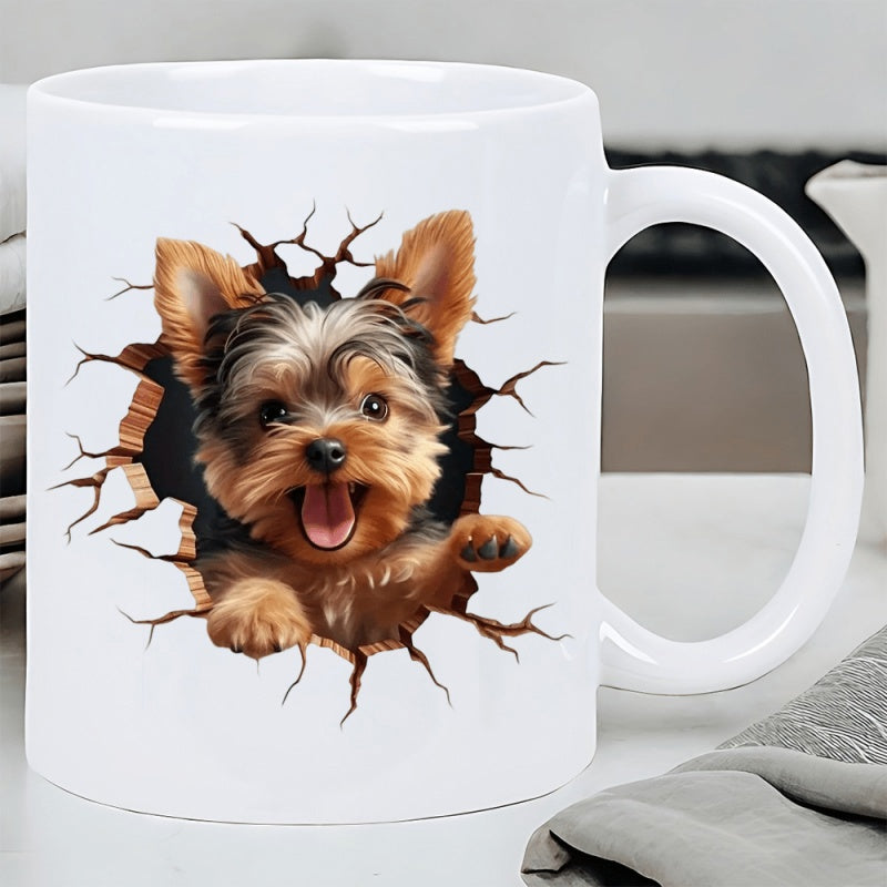 Tailorly White Ceramic 11 oz Mug - Adorable Small Fluffy Dog Peeking Through A Realistic Cracked White Wall Yorkie