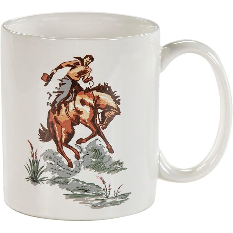 Tailorly White Ceramic 11 oz Mug - Vintage Style Illustration Of A Brave Western Rider On A Bucking Horse