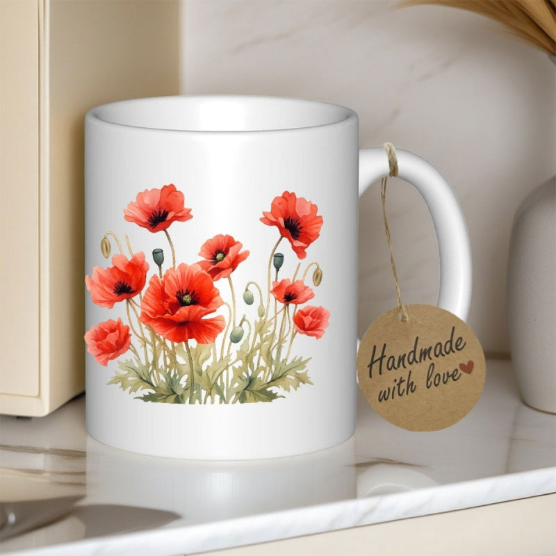 Tailorly White Ceramic 11 oz Mug - Handmade With Love Vibrant Red Watercolor Poppies Blooming Among Delicate Green Stems And Leaves Flower