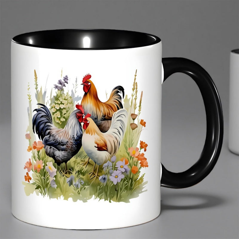 Tailorly Black Accent 11 oz Mug - humorous rooster trio cartoon farm animal vibrant floral accents