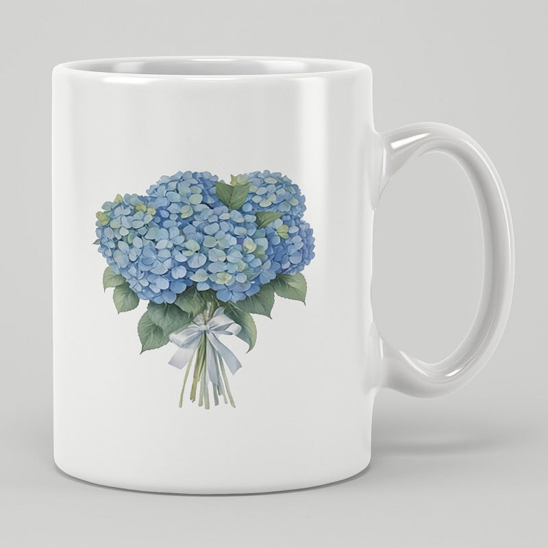 Tailorly White Ceramic 11 oz Mug - Beautiful Blue Hydrangea Flowers Wrapped With Elegant Ribbon In A Graceful Bouquet