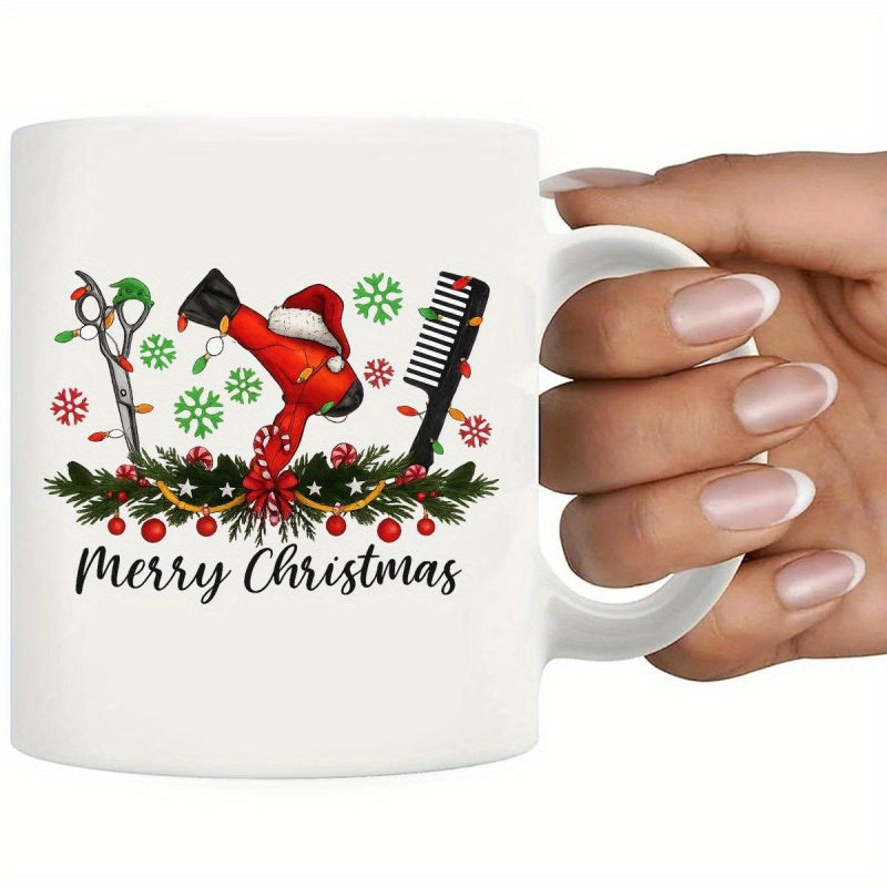 Tailorly White Ceramic 11 oz Mug - Merry Christmas Professional Salon Styling Tools Decorated With Festive Garland And Snowflakes Hair Dryer