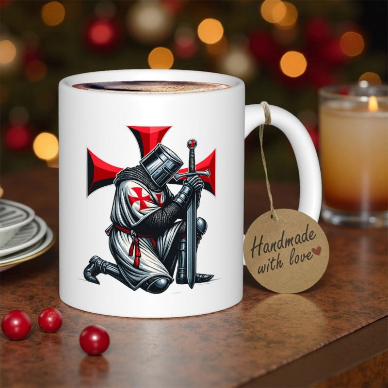 Tailorly White Ceramic 11 oz Mug - Handmade With Love Brave Kneeling Medieval Crusader Holding A Long Sword Before Red Cross Knight