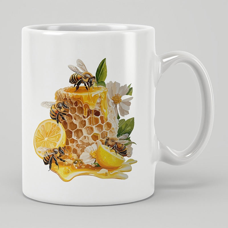Tailorly White Ceramic 11 oz Mug - Golden Dripping Honeycomb With Zesty Lemons And White Flowers Honey Bee