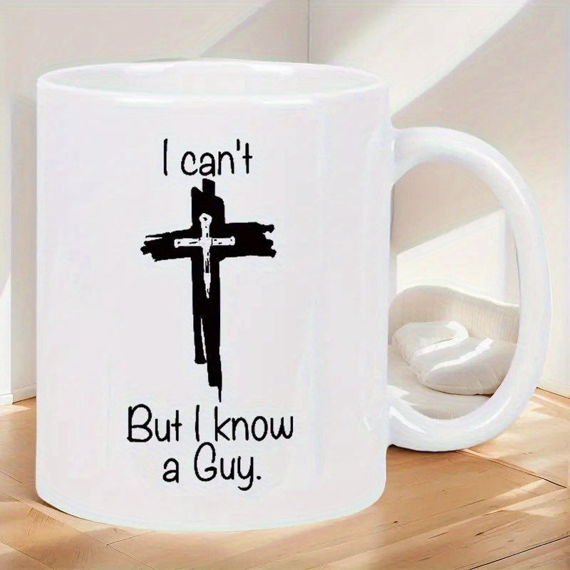 Tailorly White Ceramic 11 oz Mug - I Can't But I Know A Guy Rough Textured Black Brushstroke Silhouette Featuring A Central White Nail Cross