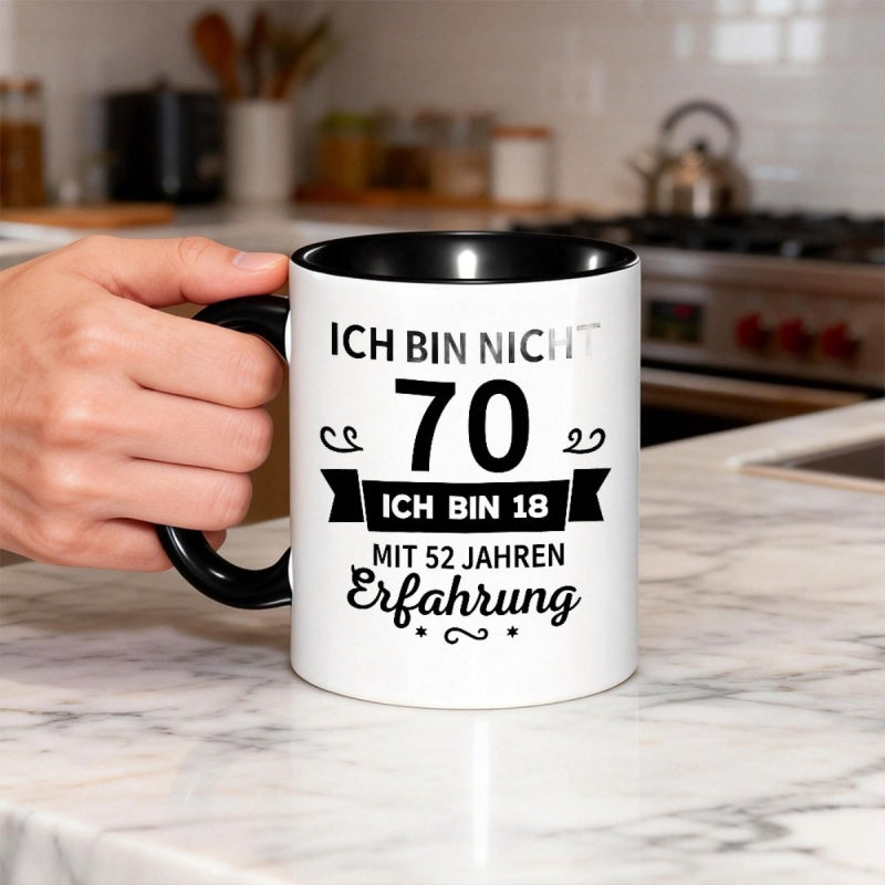Tailorly Black Accent 11 oz Mug - humorous german birthday message "ich bin nicht 70 im not 70"