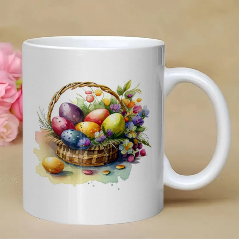 Tailorly White Ceramic 11 oz Mug - Colorful Hand Painted Easter Eggs Nestled Within Woven Wicker Floral Basket