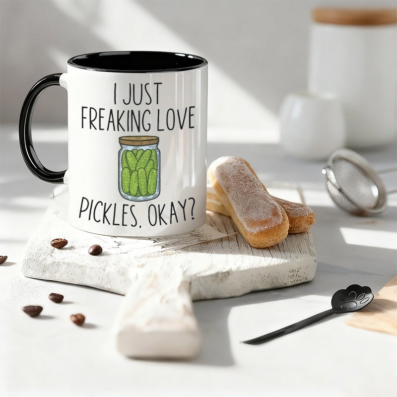 Tailorly Black Accent 11 oz Mug - coffee cup with text "i just pickles okay"