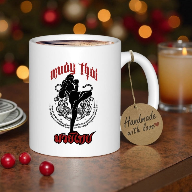 Tailorly White Ceramic 11 oz Mug - Muay Thai Strong Silhouette Striking High Knee Pose Before Traditional Thai Tiger Patterns Fighter