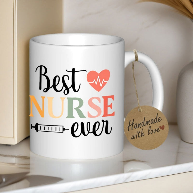 Tailorly White Ceramic 11 oz Mug - Best Nurse Ever Compassionate Healthcare Theme Featuring Medical Syringe And Heartbeat Rhythm Graphic Nurse