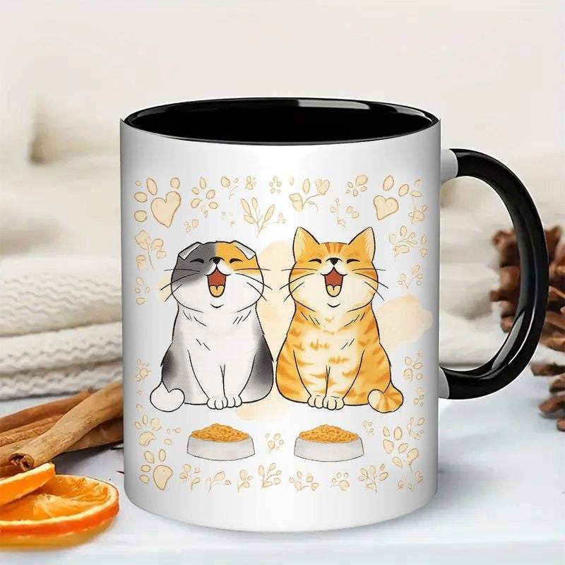 Tailorly Black Accent 11 oz Mug - two funny smiling kitties with food bowls