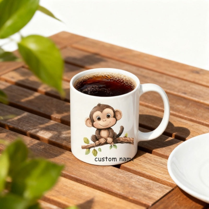 Tailorly White Ceramic 11 oz Mug - Custom Name Adorable Little Primate Resting Calmly On A Lush Green Tree Branch Monkey