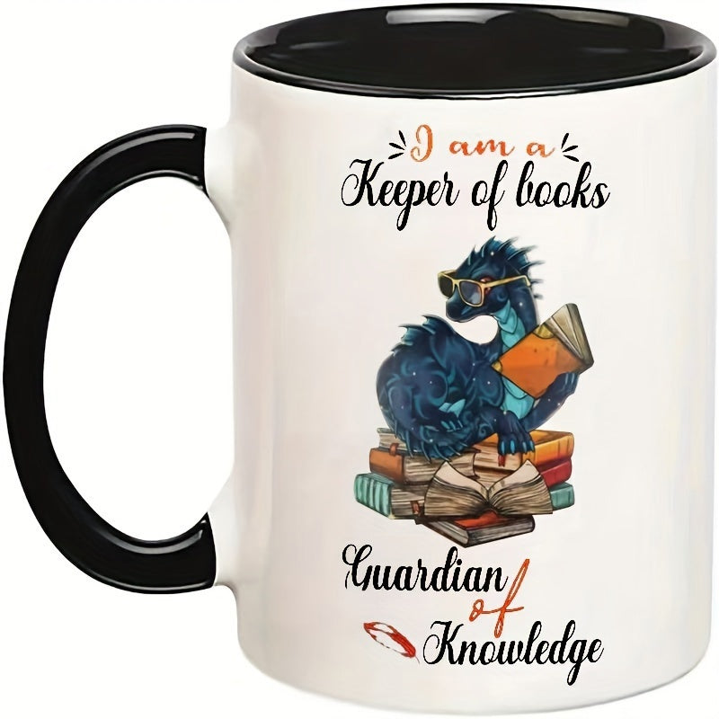 Tailorly Black Accent 11 oz Mug - 1 dragon coffee mug lovers cup with stack keeper of books guardian of knowledge quotes white ceramic reusable