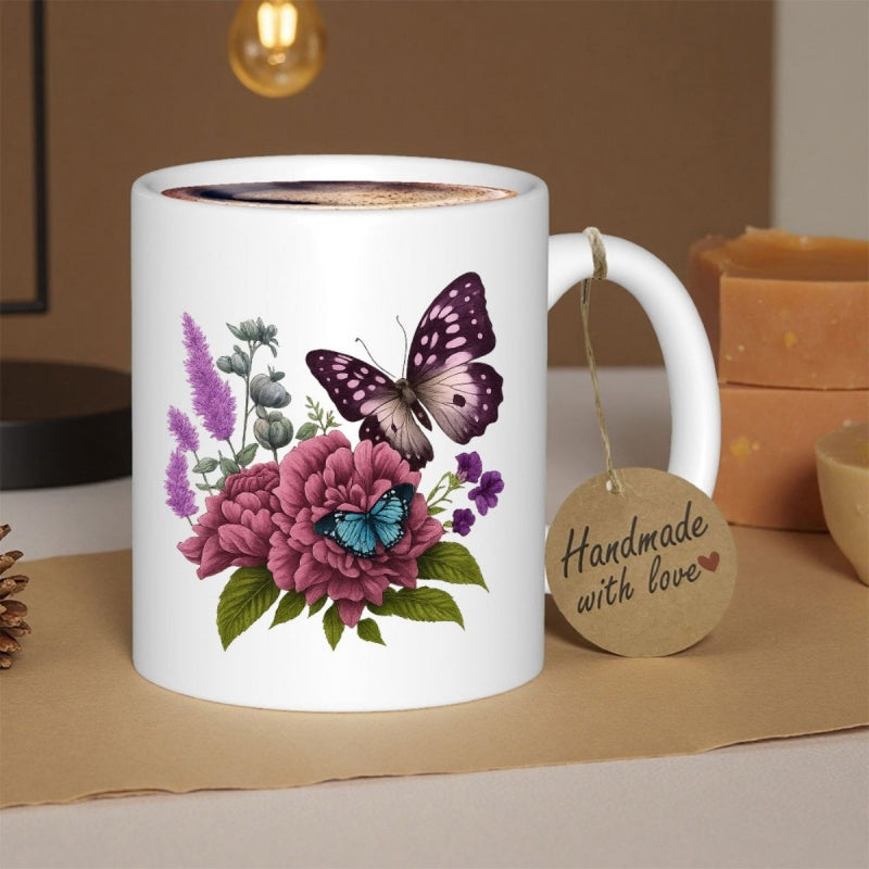 Tailorly White Ceramic 11 oz Mug - Handmade With Love Elegant Purple Butterfly Resting On Pink Blossoms Amidst Green Leaves Butterfly