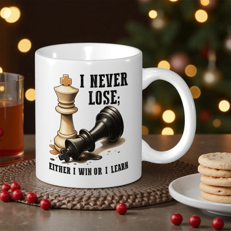 Tailorly White Ceramic 11 oz Mug - I Never Lose Either I Win Or I Learn Standing White King Beside Fallen Black Piece On Strategy Board Chess