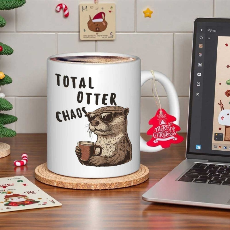 Tailorly White Ceramic 11 oz Mug - Total Otter Chaos Cool Relaxed Animal Wearing Dark Sunglasses Holding A Cup Of Coffee Otter