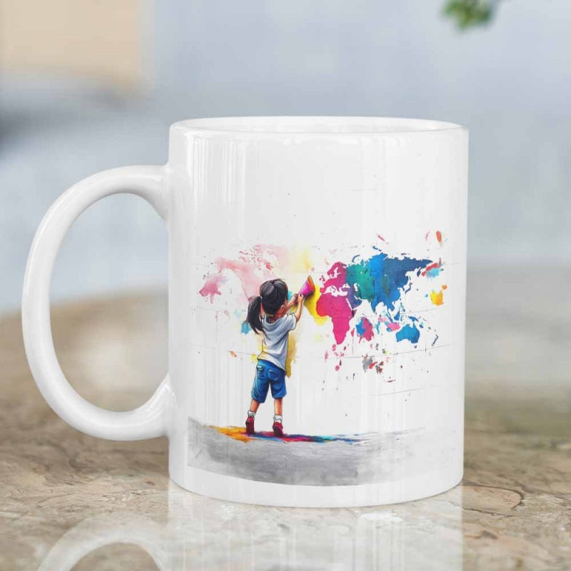 Tailorly White Ceramic 11 oz Mug - Young Girl Creating Artistic Colorful Watercolor Splashed World Map Painting