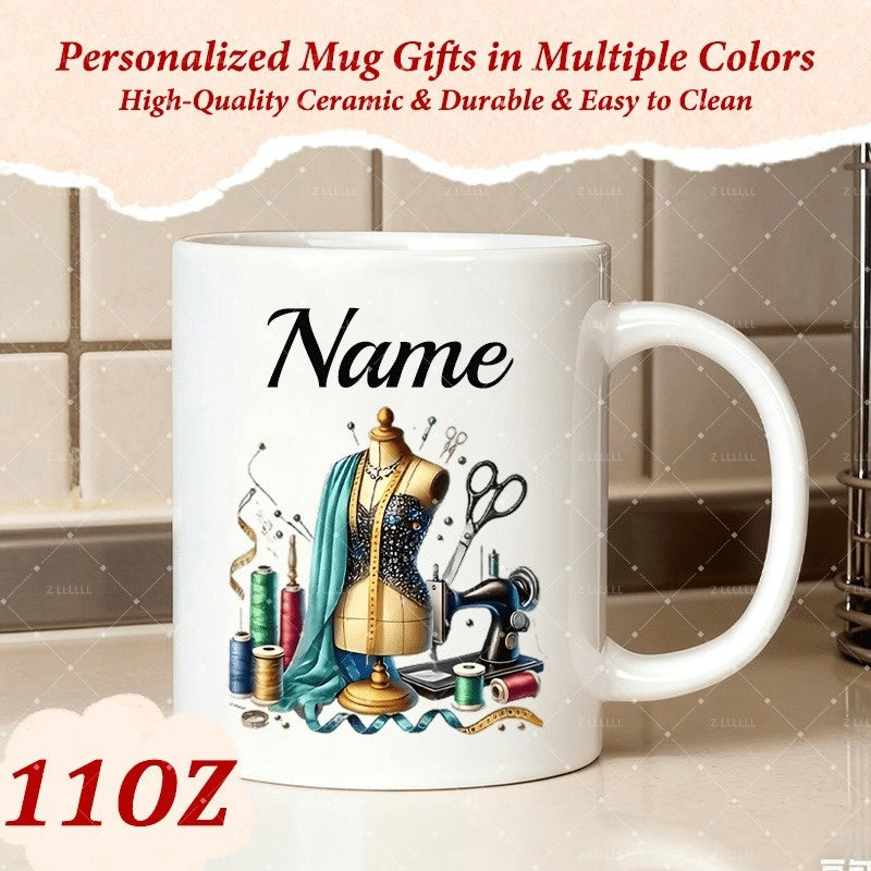 Tailorly White Ceramic 11 oz Mug - Name Vintage Sewing Machine With Colorful Thread Spools Under A Classic Tailor Mannequin