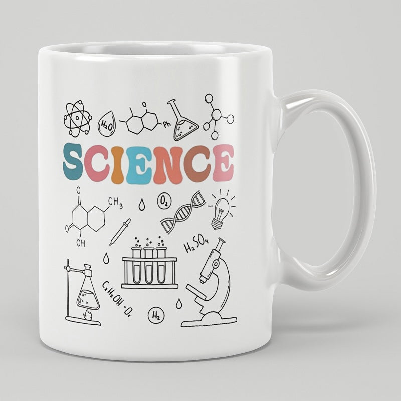 Tailorly White Ceramic 11 oz Mug - Science Colorful Retro Typography Surrounded By Hand Drawn Laboratory Icons Science
