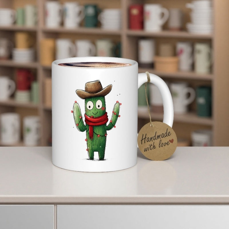 Tailorly White Ceramic 11 oz Mug - Adorable Green Succulent Wearing Brown Cowboy Hat And Cozy Red Scarf Cactus