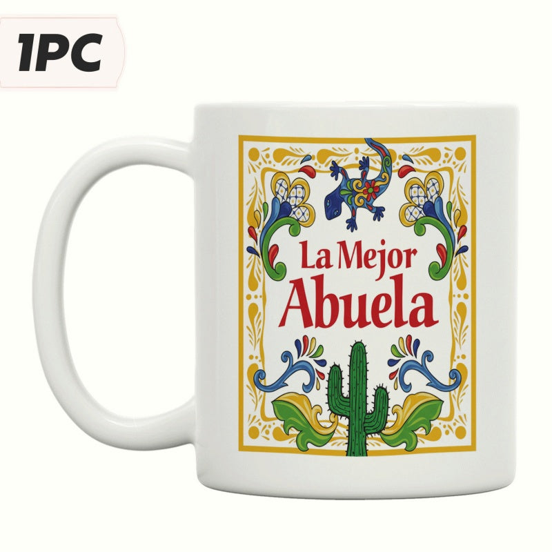Tailorly White Ceramic 11 oz Mug - Traditional Mexican Style Floral Patterns With Saguaro Cactus And Gecko