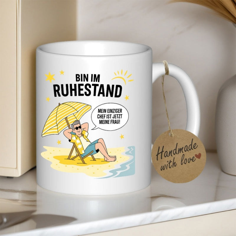 Tailorly White Ceramic 11 oz Mug - Handmade With Love Relaxing On A Sunny Beach Chair Under A Striped Yellow Umbrella Retiree