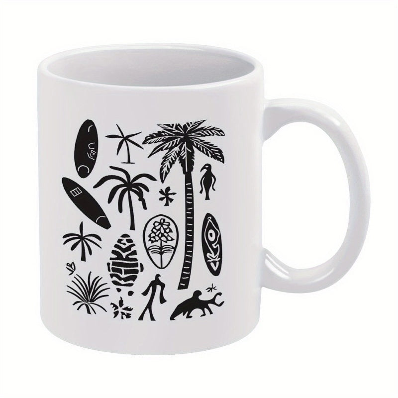 Tailorly White Ceramic 11 oz Mug - Hand Drawn Tropical Summer Icons With Palm Trees And Surfboard Mug