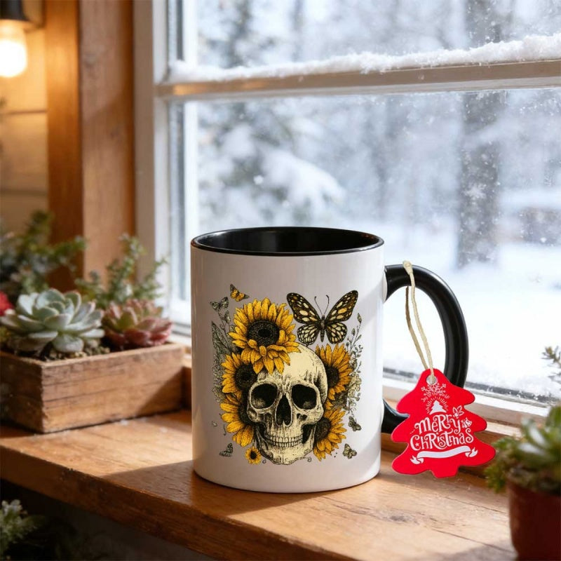 Tailorly Black Accent 11 oz Mug - skull and sunflower