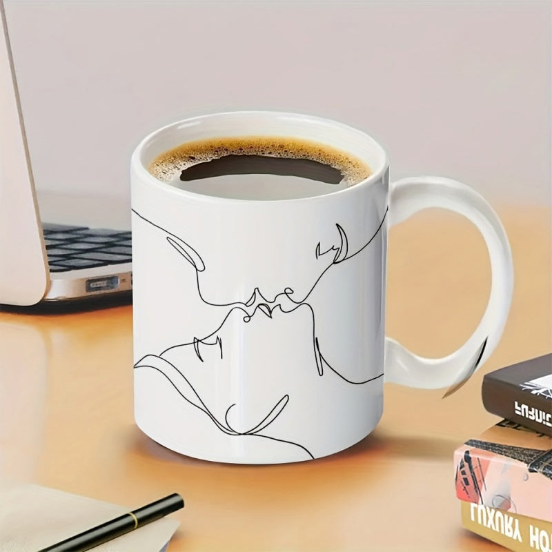 Tailorly White Ceramic 11 oz Mug - Minimalist Black Single Line Drawing Depicting Two Romantic Lovers Kiss