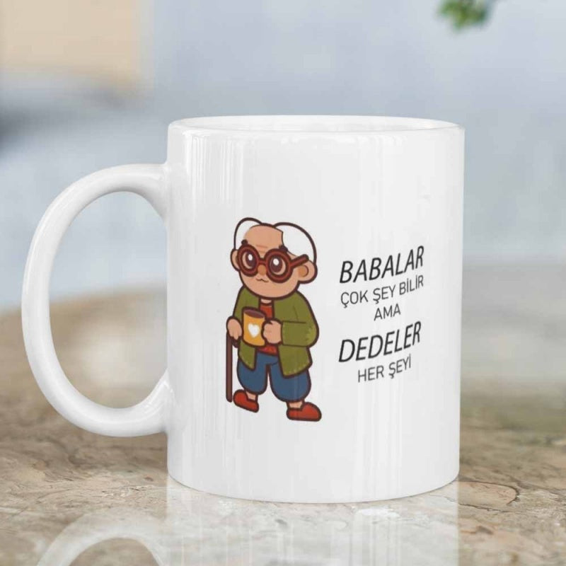 Tailorly White Ceramic 11 oz Mug - Wise Elderly Gentleman Holding Cup Of Coffee With Wooden Walking Stick Grandfather