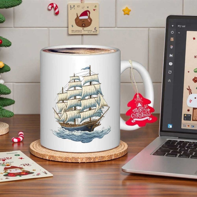 Tailorly White Ceramic 11 oz Mug - Vintage Wooden Ship Sailing On Deep Blue Ocean Waves Under Clear Sky Sailboat